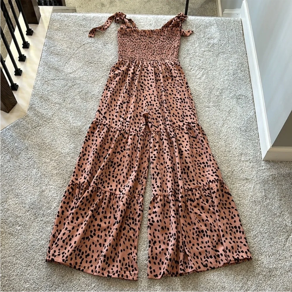Leopard Print Smocked, Wide Leg Jumpsuit - Picture 5 of 7